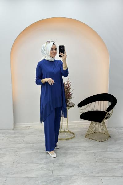 Efraze Şifon Detaylı Takım Mavi