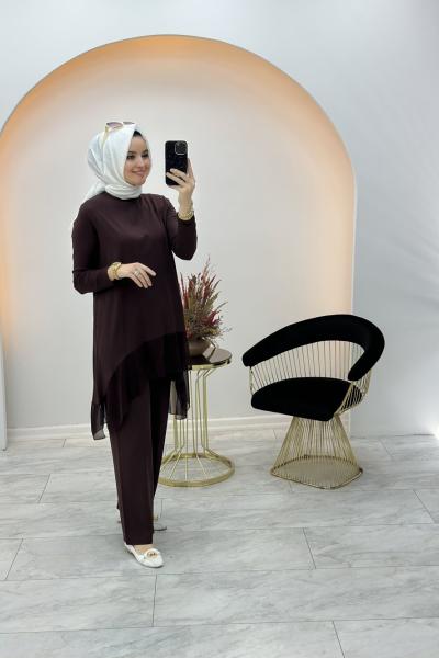 Efraze Şifon Detaylı Takım Kahverengi