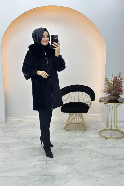 Broşlu Angora Kaban Siyah