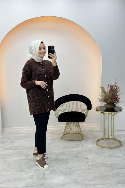 Leopar Desen Hırka Kahverengi