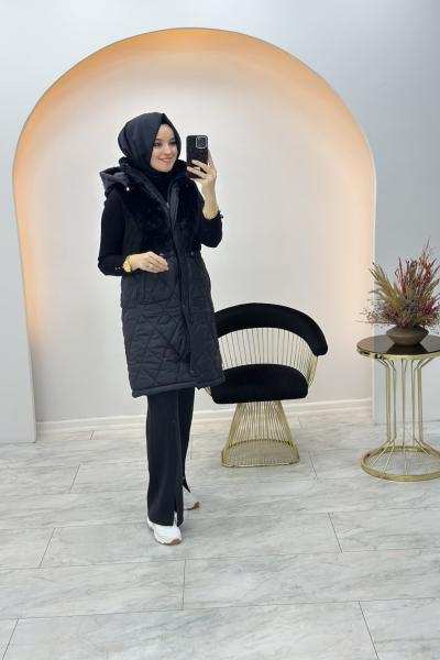 Kampanyalı Kürklü Yelek Siyah