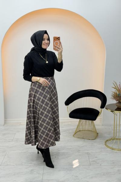 Ekoseli Scuba Etek Kahverengi