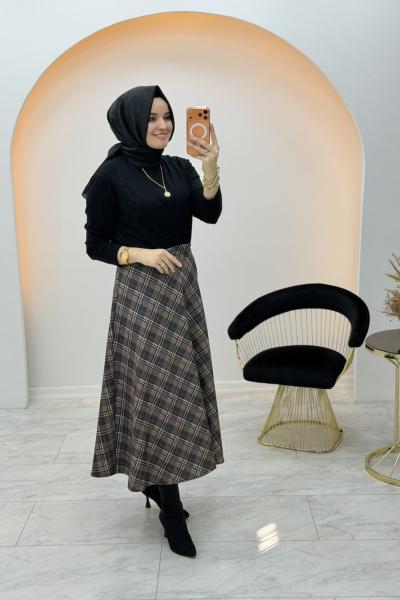 Ekoseli Scuba Etek Kahverengi