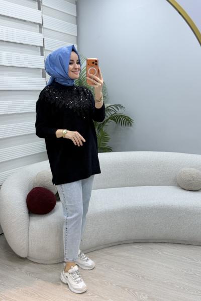 Boncuk Detaylı Yumoş Tunik Siyah