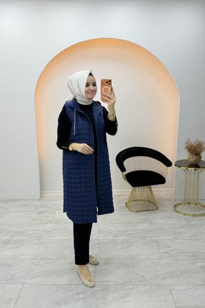 Kapitone Uzun Yelek Lacivert