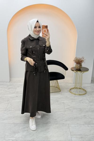 Çise Tensel Etekli Takım Kahverengi