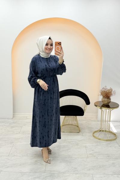 Düğmeli Qupra Elbise Lacivert
