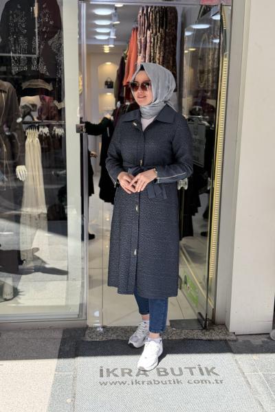 Jakarlı Kabartma Trenç Lacivert