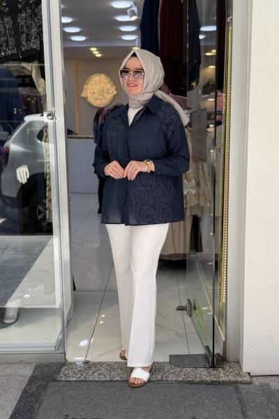 Nakış Detaylı Vual Gömlek Lacivert