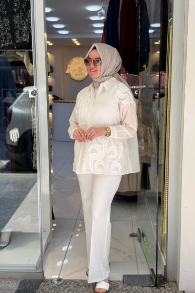 Nakış Detaylı Vual Gömlek Beyaz