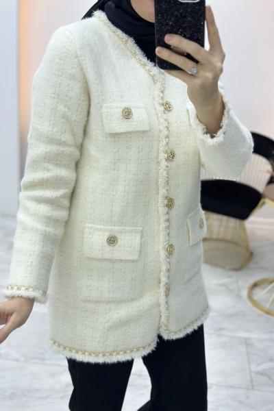 Gold Düğme Detaylı Hırka Krem