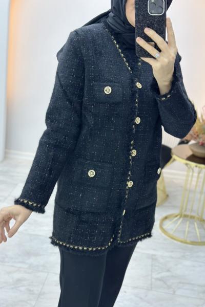 Gold Düğme Detaylı Hırka Siyah