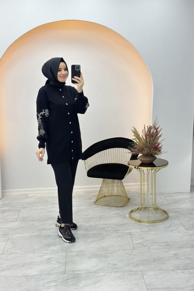 İşleme Detay Hırka Siyah