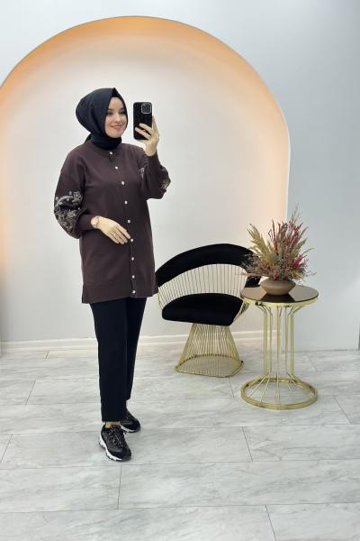 İşleme Detay Hırka Kahverengi