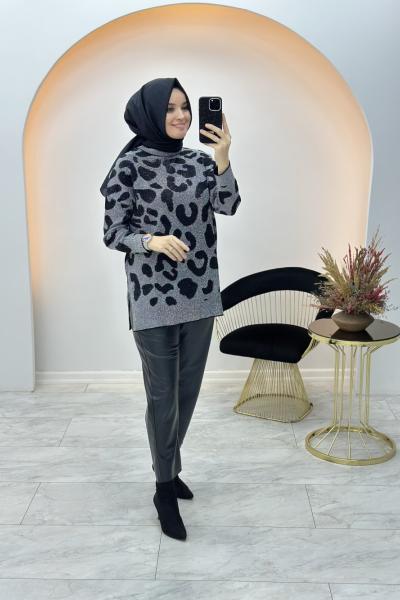 Sim Detaylı Triko Tunik Gri Siyah