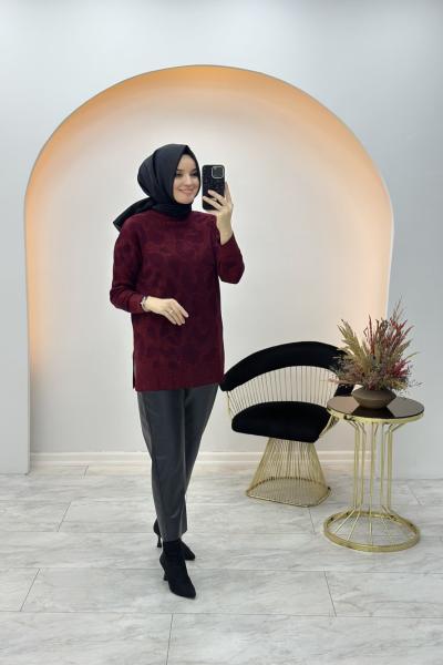 Sim Detaylı Triko Tunik Bordo