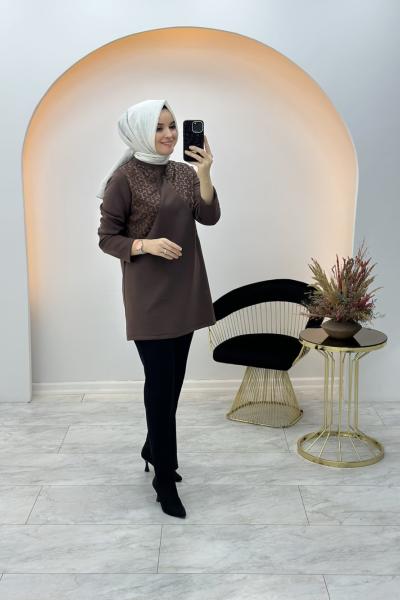 Cemre File Detaylı Tunik Kahverengi