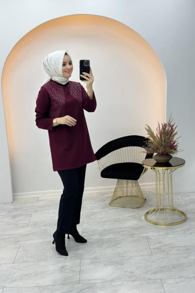 Cemre File Detaylı Tunik Bordo